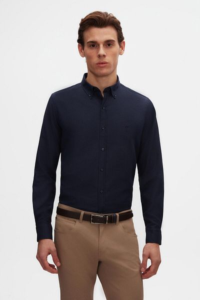 D'S Damat Slim Fit Marineblaues Oxford-Hemd mit Knopfkragen, leicht zu bügeln, Baumwollhemd mit Stickerei-Detail