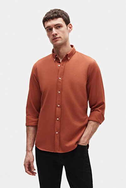 D'S Damat Ds Damat Slim Fit Tarçın Oxford Düğmeli Yaka Kolay Ütülenebilir Nakış Detaylı Pamuklu Gömlek