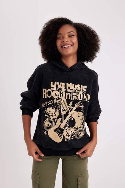 DeFacto Oversize Wide Fit Back Printed Hooded Washable Faded Effect Sweatshirt B7281Ax23Wn