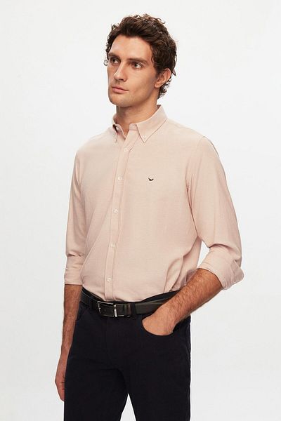 D'S Damat Ds Damat Slim Fit Ecru Oxford Button Collar Easy-Iron Cotton Shirt with Embroidery Detail