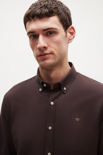 D'S Damat Ds Damat Slim Fit Bitter Coffee Oxford Button Collar Easy-Iron Embroidery Detailed Cotton Shirt
