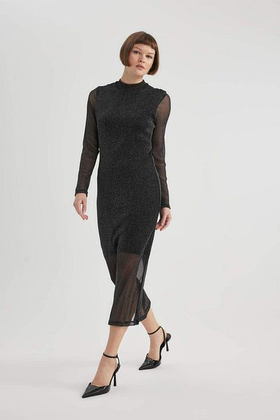 DeFacto Bodycon Bodycon Basic Solid Jumătate de gât cu mânecă lungă din tul Midi Rochie B6668AX23WN