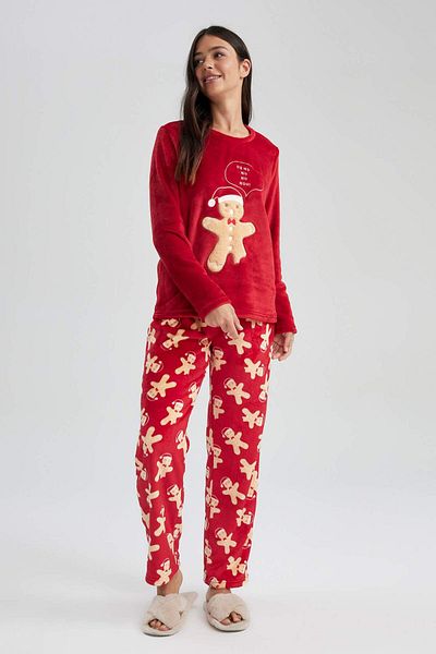 DeFacto Christmas Themed Fleece Pajamas Set - Stretchy, Long Sleeve, Waisted Long Bottom A3369Ax23Wn