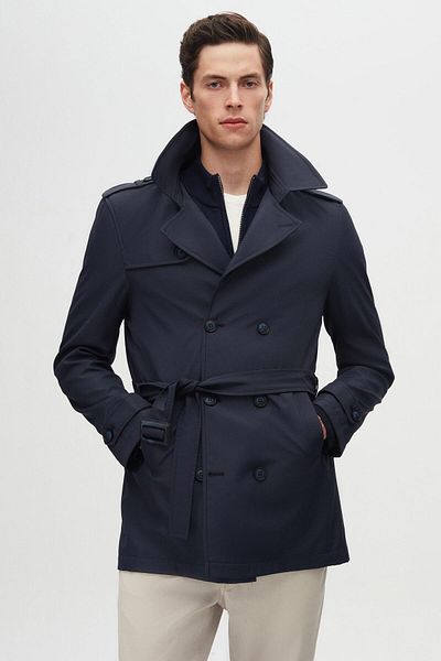 D'S Damat Ds Damat Regular Fit Navy Blue Epaulet Belted Top Coat/Trencoat
