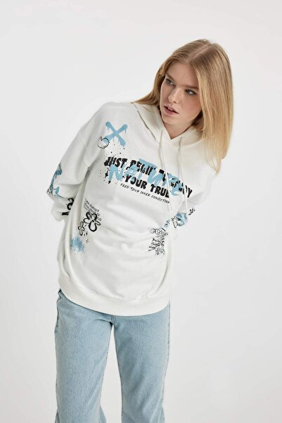 DeFacto Coool Oversize Wide Fit Hooded Printed Thick Fabric Sweatshirt B6949Ax23Wn