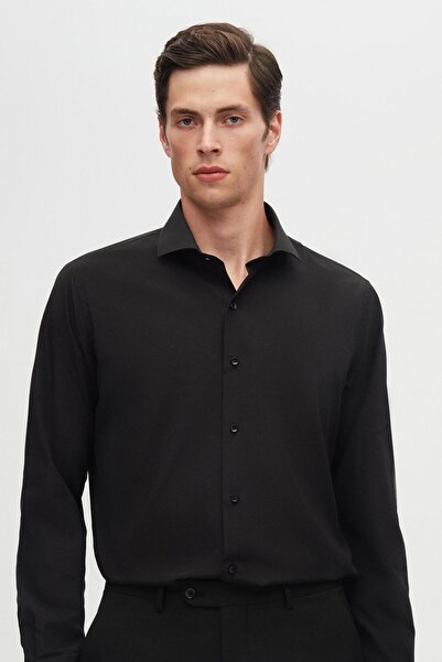 D'S Damat Ds Damat Slim Fit Siyah Klasik Kravatlık Uzun Kol Kolay Ütülenebilir Gömlek