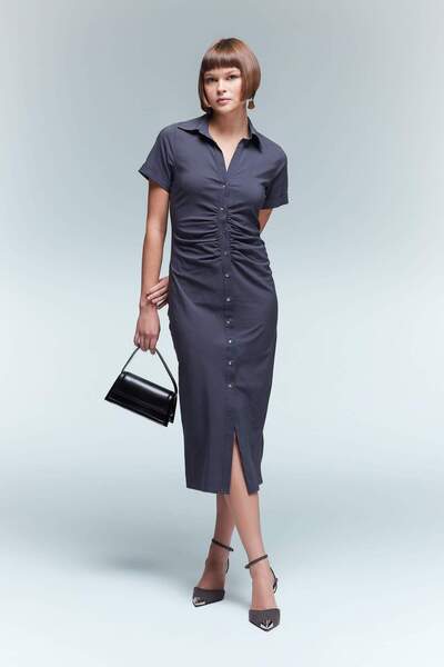 DeFacto Shirt Collar Button Half Sleeve Midi Dress A3176Ax23Au