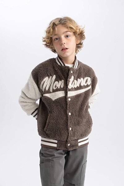 DeFacto Chlapecký College Collar Plyšový zapínání na patentky Dvojitá kapsa Sezónní Bomber Cardigan B3036A823WN