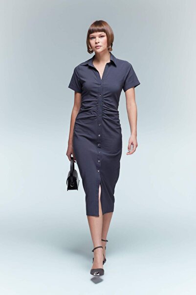 DeFacto Shirt Collar Button Half Sleeve Midi Dress A3176Ax23Au