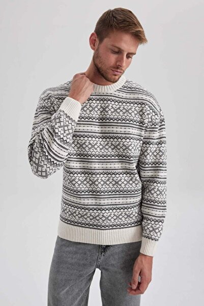 DeFacto Relax Fit Patterned Crew Neck Sweater Sweater B1892Ax23Wn
