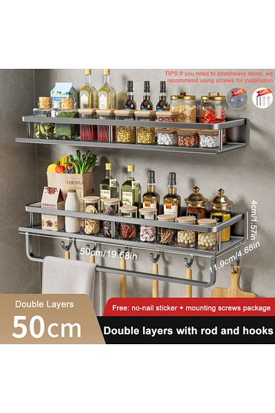 Choice 2pcs-gray-50cm-rod 1/2Pcs No Punch Spice Rack Wall Mounted Kitchen Spice Organizer with Hook Rod Sea