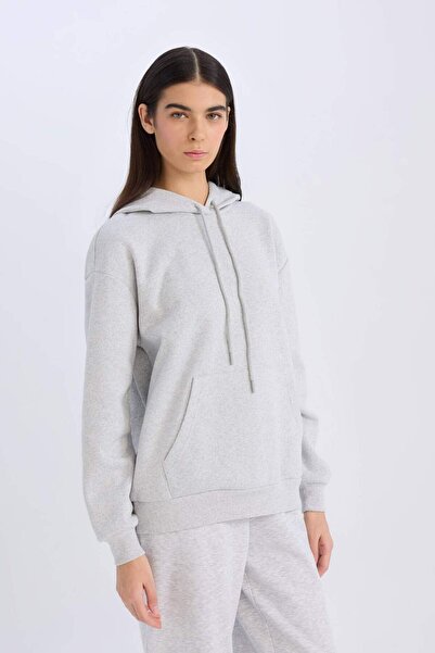 DeFacto Relax Fit Kapüşonlu Kanguru Cepli Kalın Casual Basic Düz Gri Sweatshirt W8071AZ23WN
