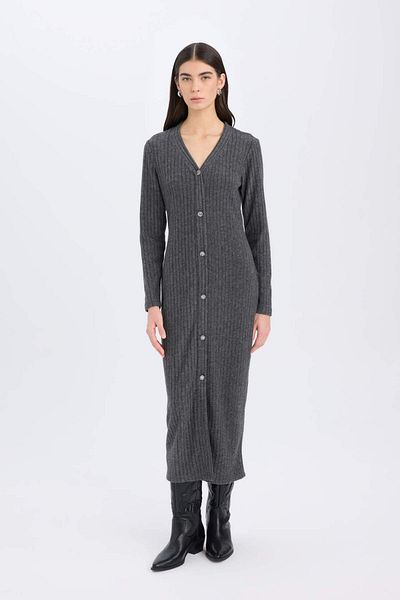 DeFacto Bodycon Body Hugging Basic Plain V Neck Button Ribbed Camisole Midi Long Sleeve Dress B3261Ax23Au