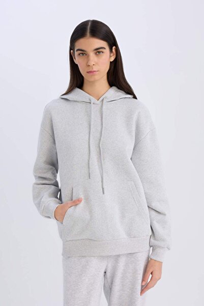 DeFacto Relax Fit Kapüşonlu Kanguru Cepli Kalın Casual Basic Düz Gri Sweatshirt W8071AZ23WN