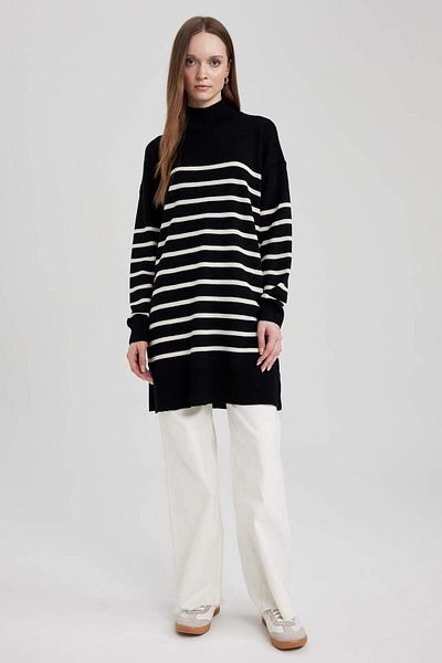 DeFacto Relax Fit Striped Turtleneck Slit Sweater Tunic U9892Az23Wn