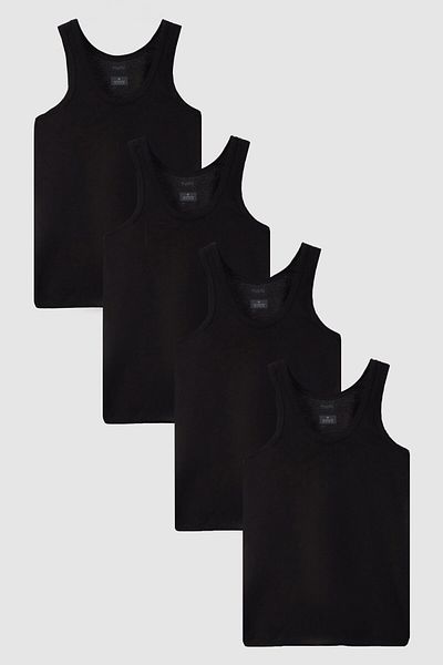Twn Black Standard Fit Breathable Sweat Absorbing 100% Cotton 4-Piece Undershirt