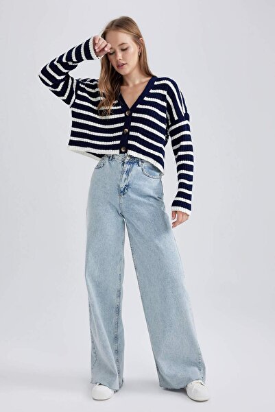 DeFacto Ζακέτα πλεκτό με ριγέ V λαιμόκοψη Coool Regular Fit A8568AX23WN