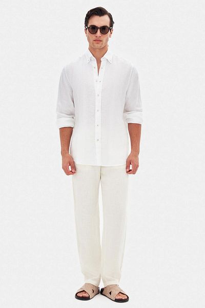 D'S Damat Ds Damat Comfort White Plain 100% Linen Shirt