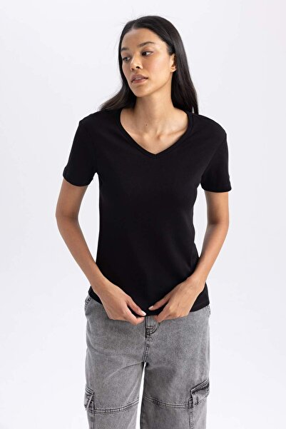 DeFacto Slim Fit Dar Kesim Ribana Kısa Kollu Tişört B0647AXNS