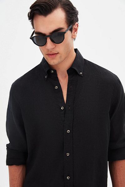 D'S Damat Ds Damat Comfort Black Plain 100% Linen Shirt