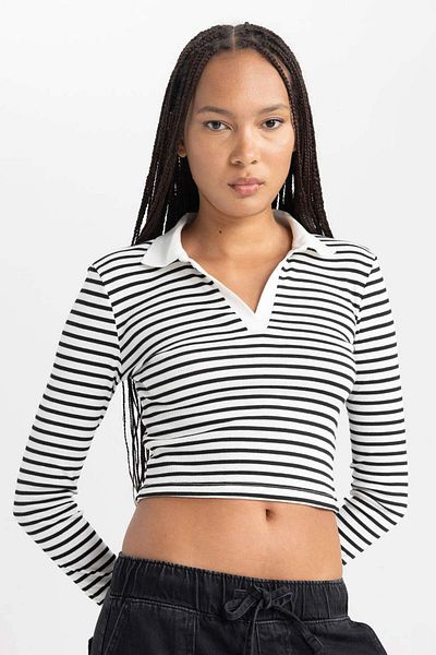 DeFacto Fitted Striped Polo Neck Long Sleeve T-Shirt B2084Ax23Au