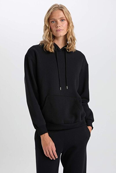 DeFacto Relax Fit Kapüşonlu Kanguru Cepli Kalın Casual Basic Düz Gri Sweatshirt W8071AZ23WN