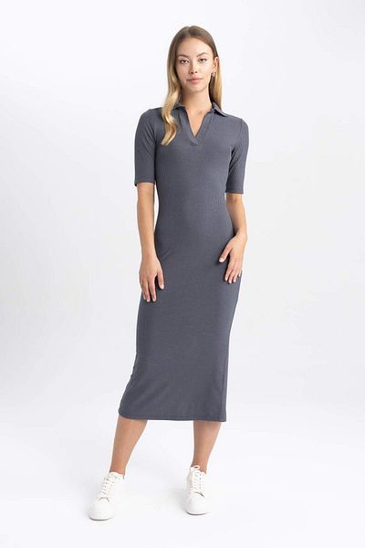 DeFacto Bodycon Polo Neck Bodycon Basic Plain Ribbed Camisole Short Sleeve Midi Dress A2096Ax23Sp