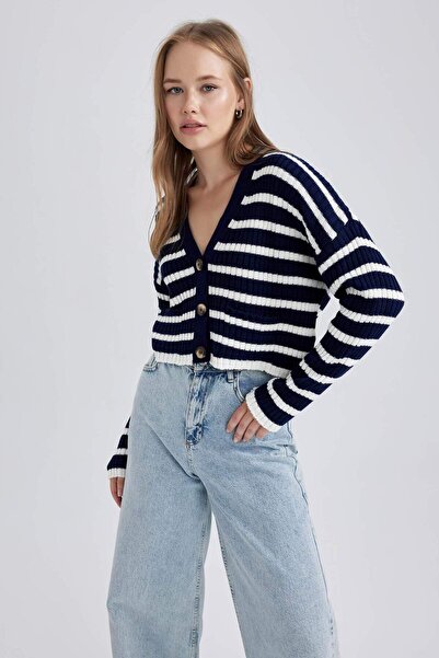 DeFacto Ζακέτα πλεκτό με ριγέ V λαιμόκοψη Coool Regular Fit A8568AX23WN