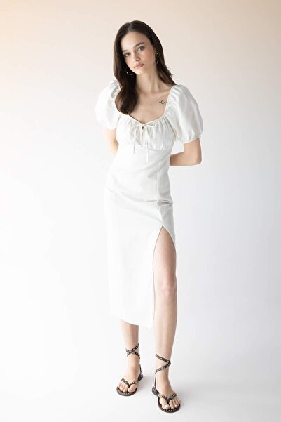 DeFacto A-linia, marszczony kołnierzyk, rozcięcie, biała bawełniana sukienka midi z krótkim rękawem B0128AX23SM