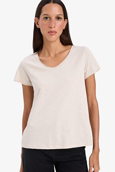 DeFacto Μπλουζάκι με κανονική εφαρμογή V λαιμόκοψη Basic μονόχρωμο κοντομάνικο 100% βαμβάκι K1507AZ23SM