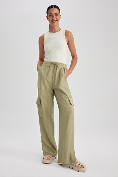 DeFacto Baggy Pants Wide Leg Elastic Waist Lace-Up Wide Loose Leg with Pockets High Waist Long Length Leg Ripped