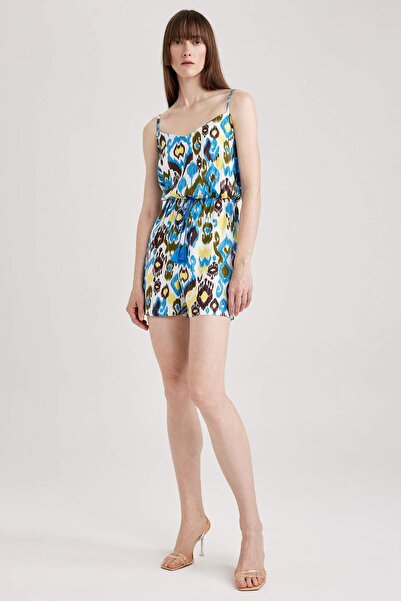 DeFacto V Yaka Tropik Desenli Ayarlanabilir Askılı Mini Tulum T9657AZ23HS