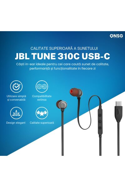 JBL Căști intraauriculare Tune 310c USB-C, bas pur, rezoluție înaltă, microfon, negru