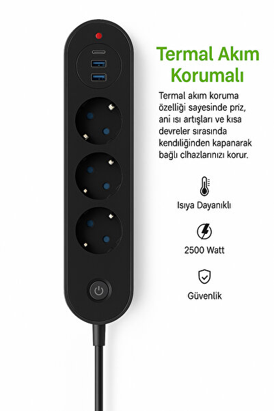 SMAYLİNG Termal Akım Korumalı 3lü Priz 2usb 1usbc 2mt Kablo Aç Kapa Anahtar 2500 Watt