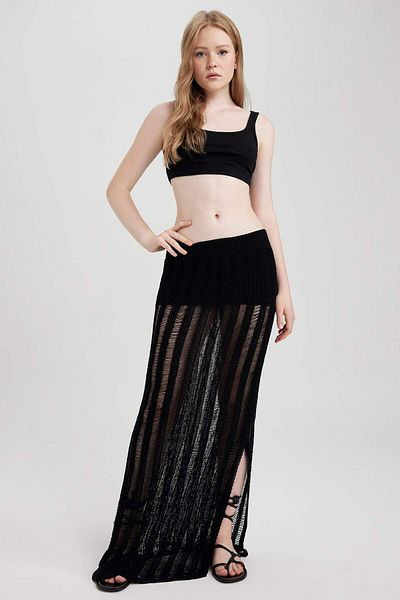 DeFacto Fusta maxi neagră slim fit croșetată cu fantă A9259AX23SM