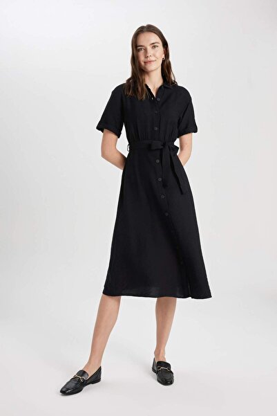 DeFacto Shirt Collar Linen Look Short Sleeve Midi Dress U6943Az23Sm