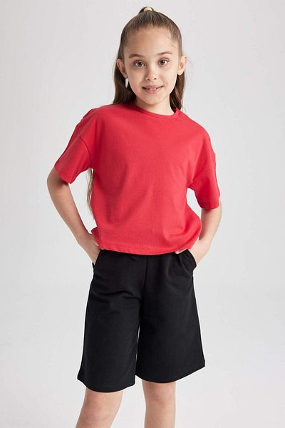 DeFacto Girls Black Crew Neck Crop Basic Plain Short Sleeve T-Shirt Z5095A623Sm