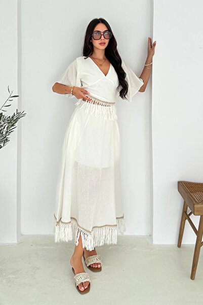 AsprinFashion Set bluză și fustă cu ciucuri alb