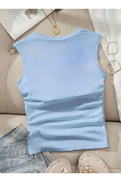 peri tower Produs nou Tricou camisole albastru cu guler pătrat și talie