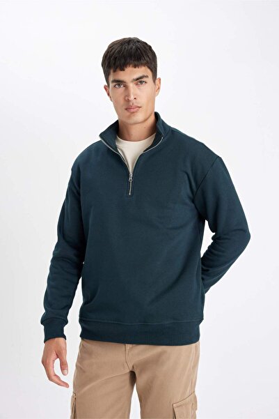 DeFacto Comfort Regular Fit Rahat Kalıp Fermuarlı Dik Yaka Basic Düz Sweatshirt X7405AZ22AU