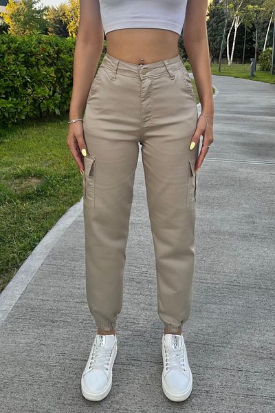 BİKELİFE Béžové kalhoty z látky Gabardine Cargo Pocket