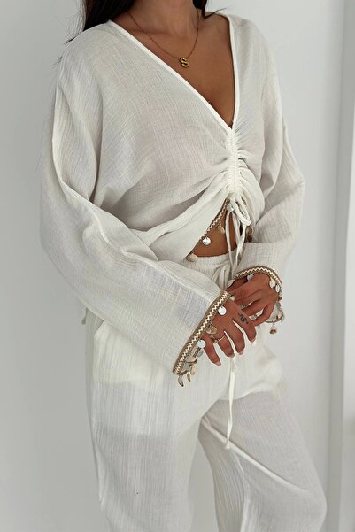 AsprinFashion Tünel Dikişli Truvakar Kol Bluz Beli Lastikli Planlı Müslin Pantolon