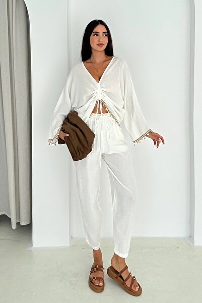 AsprinFashion Tünel Dikişli Truvakar Kol Bluz Beli Lastikli Planlı Müslin Pantolon