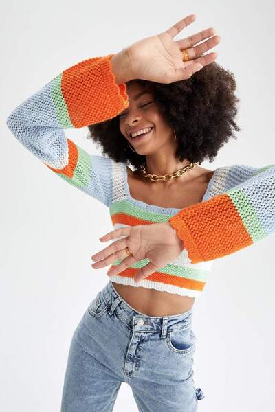 DeFacto Slim Fit Square Collar Color Block Crochet Sweater X0100Az22Sp