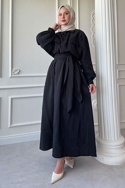 InStyle Double Pocket Balloon Sleeve Black Skirt Suit