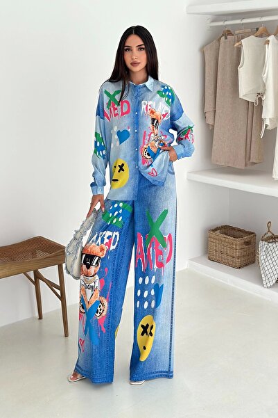 AsprinFashion طقم قميص وبنطلون بتأثير الجينز مطبوع عليه تيدي بير من نسيج الكر...