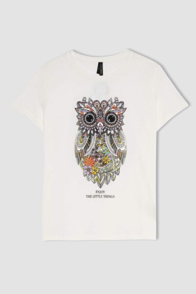 DeFacto Regular Fit Crew Neck Owl Pattern Krátký rukáv 100% bavlněné tričko X3531AZ22SM