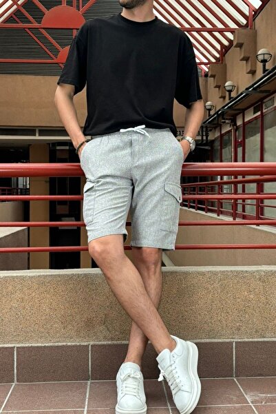 inpool Men's - Cargo Pocket Cotton Linen Shorts with Elastic Waist, Lace-up - 24INP287