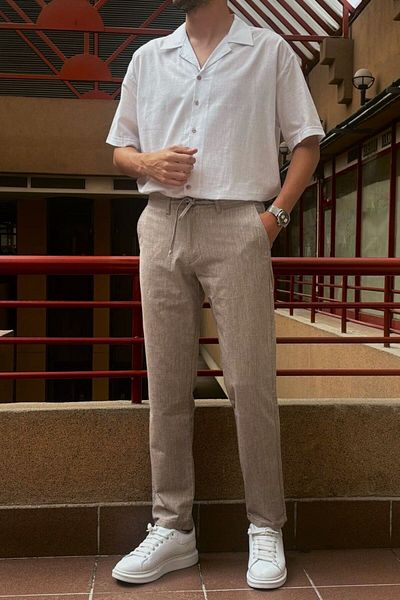 inpool Men's Regular-Fit Adjustable Waist Cotton Linen Look Trousers 166-1