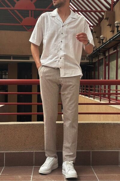 inpool Men's Linen Look Elastic Waist Woven Trousers - Standard Fit, Lace-up 216-2